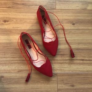 Red Lace-Up Pointed-Toe Flats